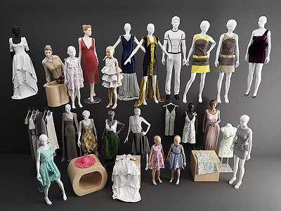 Diverse Fashion Mannequin Models In Different Poses With Various Outfits And Display Stands 3d model