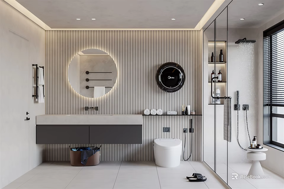 Modern Bathroom Interior Design With Backlit Round Mirror Striped Wall Vanity Toilet And Shower Area 3d model 