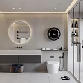 Modern Bathroom Interior Design With Backlit Round Mirror Striped Wall Vanity Toilet And Shower Area