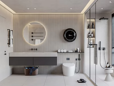 Modern Bathroom Interior Design With Backlit Round Mirror Striped Wall Vanity Toilet And Shower Area 3d model