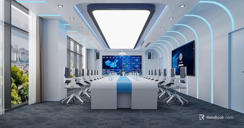 Modern Conference Room Design With Large Screen Meeting Table Ergonomic Chairs And LED Lighting 3d model 