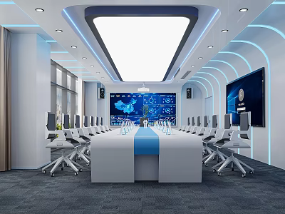 Modern Conference Room Design With Large Screen Meeting Table Ergonomic Chairs And LED Lighting 3d model