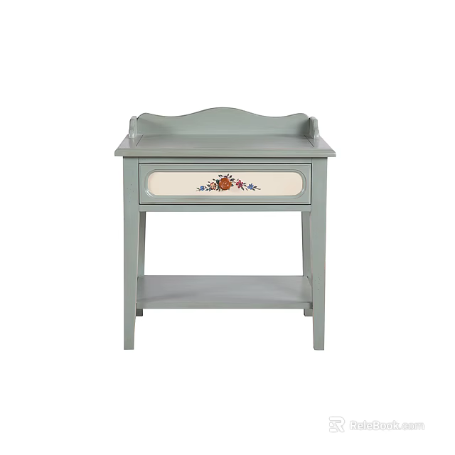 Light Green Nightstand With Decorative Floral Pattern Drawer And Lower Shelf 3d model