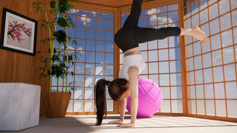 Woman Doing Handstand On Pink Exercise Ball In Room With Large Windows And Green Plant 3d model 