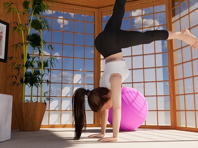 Woman Doing Handstand On Pink Exercise Ball In Room With Large Windows And Green Plant 3d model