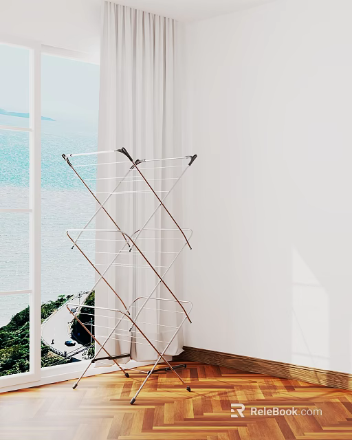 Foldable Metal Laundry Rack Near Window With Sea View And White Wall Curtains 3d model 