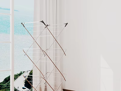 Foldable Metal Laundry Rack Near Window With Sea View And White Wall Curtains 3d model