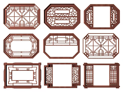 New Chinese Style Pattern Window Antique Leaking Window Grilles Chinese Style Window Hollow Pane Carved Pattern Landscape Wall Grid Window Pattern Partition 3d model