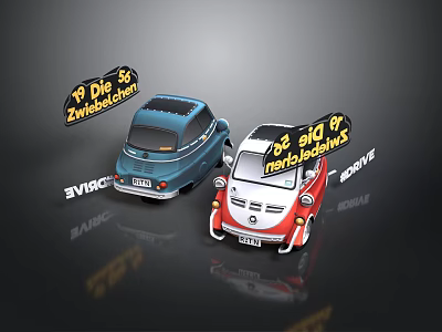 Small BANC Brand Cars in Blue Red with Pizza Zweidach Mobile Backerei Signs 3d model