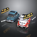 Small BANC Brand Cars in Blue Red with Pizza Zweidach Mobile Backerei Signs