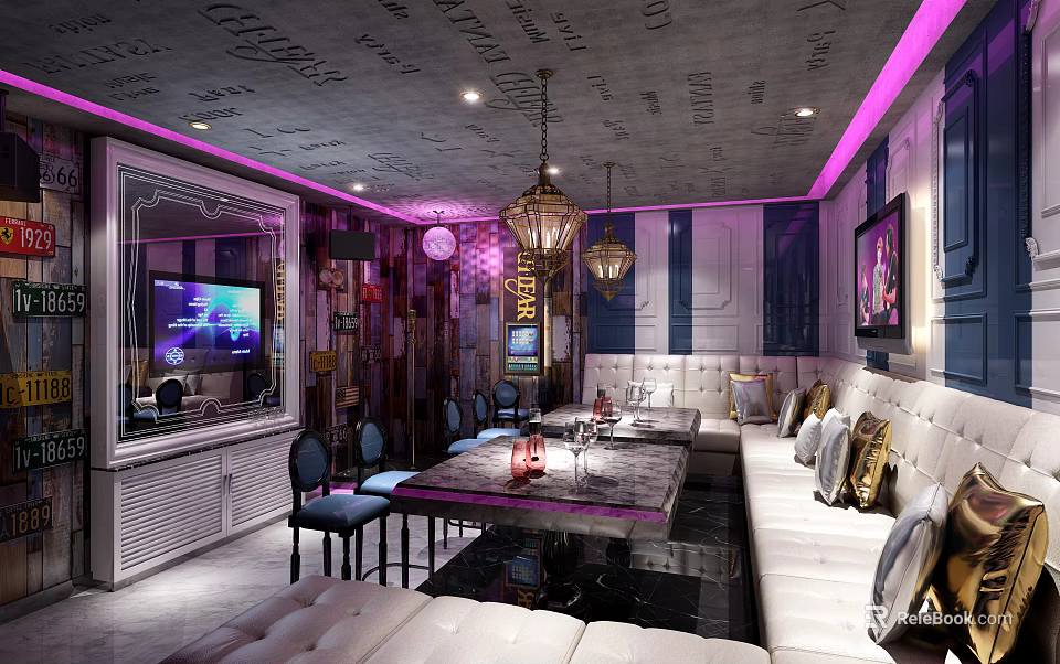 Stylish KTV Lounge Interior Design With Comfortable Sofa Table And LED Lighting Setup 3d model