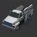 White Tow Truck With Blue Stripes Yellow Warning Lights And Extendable Arm