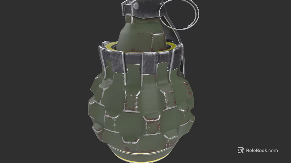 Green Military Grenade With Textured Surface And Metal Fuse Ring Design 3d model 