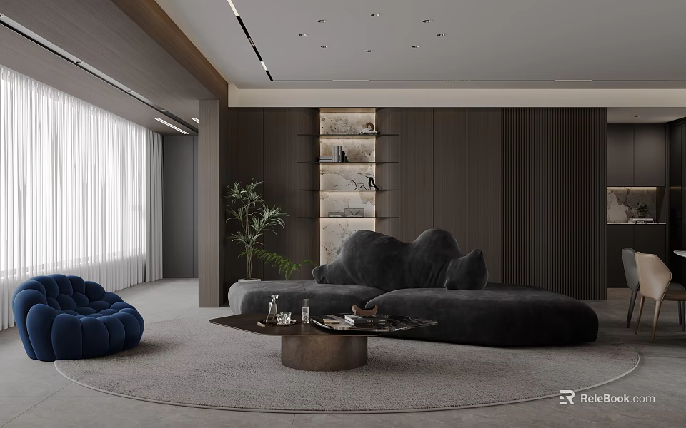 Modern Living Room Interior With Dark Gray Sofa Blue Velvet Armchair And Round Coffee Table 3d model 