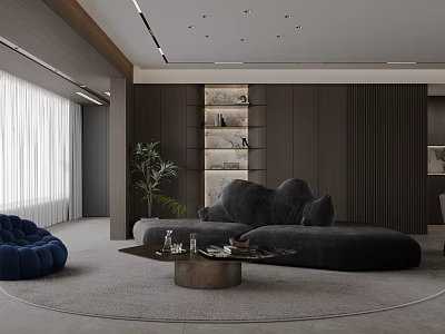 Modern Living Room Interior With Dark Gray Sofa Blue Velvet Armchair And Round Coffee Table 3d model