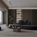 Modern Living Room Interior With Dark Gray Sofa Blue Velvet Armchair And Round Coffee Table