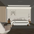 Modern Minimalist Bedroom Interior With Bedside Tables Decorative Art And Area Rug