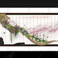 Stunning Interior Landscape With Curved Floral Arrangement Purple Pink Blooms And White Wood Wall