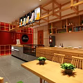 Japanese Style Milk Tea Shop Interior With Wooden Ceiling Beams Gray Counter Digital Menu And Seating Area