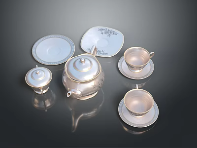 Delicate Ceramic Tea Set With Teapot Cups Saucers And Floral Patterns 3d model