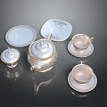 Delicate Ceramic Tea Set With Teapot Cups Saucers And Floral Patterns 3d model