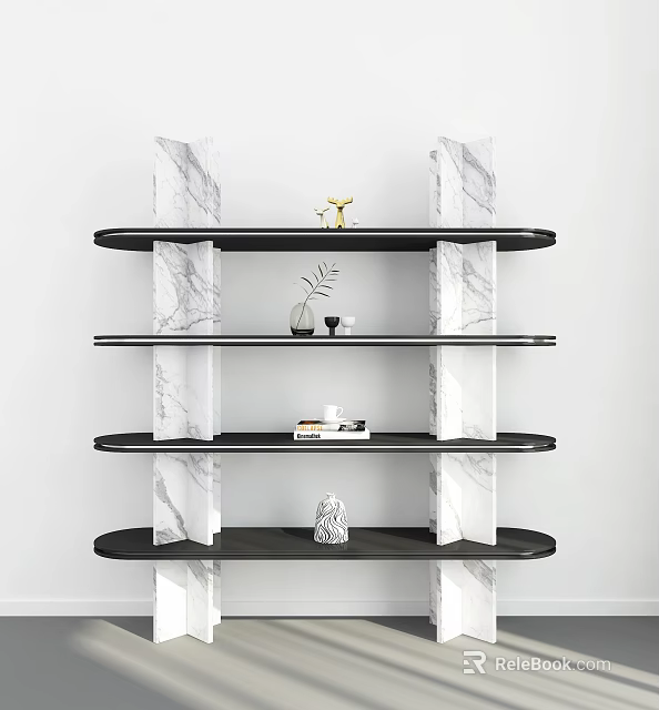 Modern Multi Tiered Bookshelf With Marble Supports Black Shelves And Decorative Books 3d model 