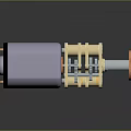 Mechanical Gear Motor Mechanism with Silver Cylindrical Housing Golden Gear Components and Red Connector