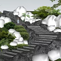 Natural Outdoor Rocky Stairs Surrounded By Lush Green Plants And Flowers