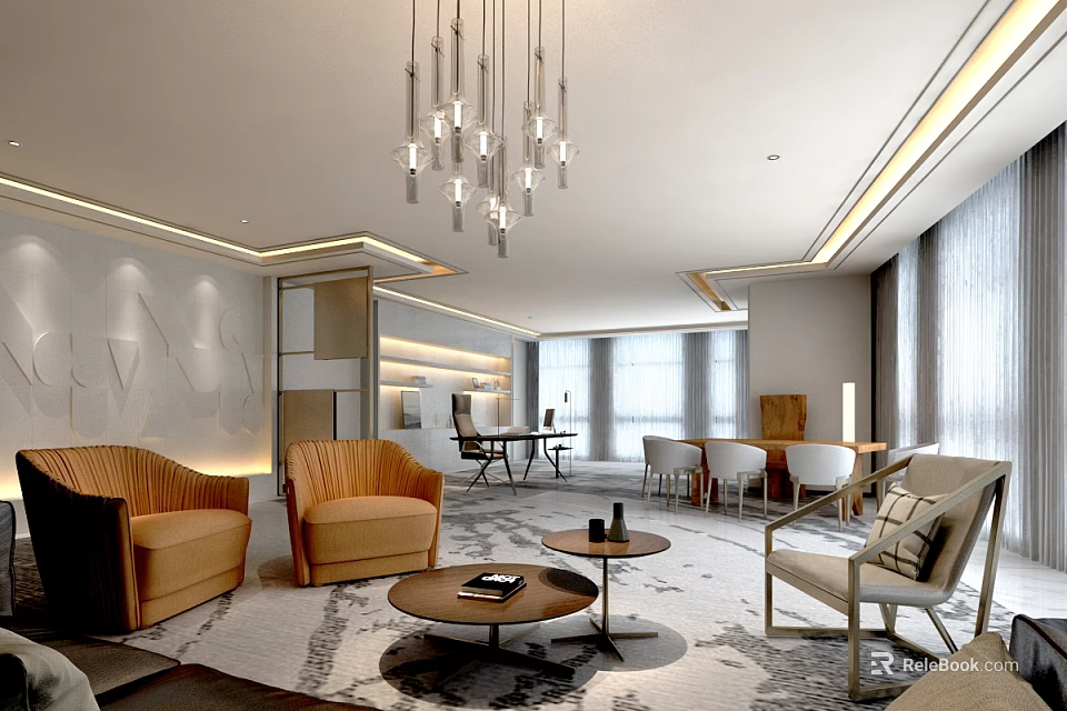 Elegant Modern Lounge Area Interior With Chandelier Sofas Coffee Tables And Floor to Ceiling Windows 3d model