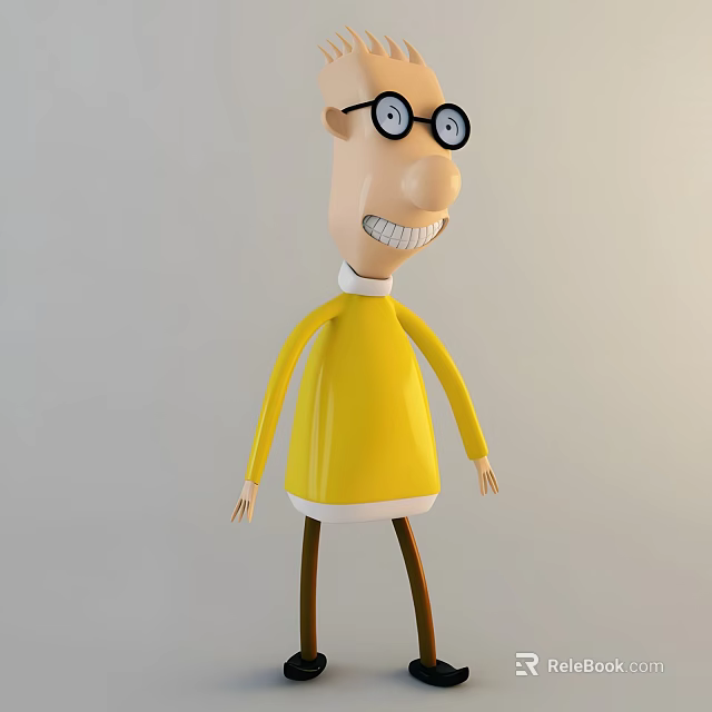 Smiling Cartoon Man With Round Glasses In Yellow Sweater And White Collar 3d model 