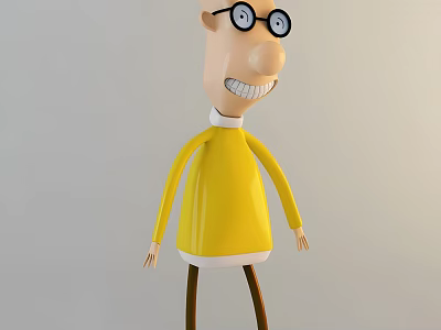 Smiling Cartoon Man With Round Glasses In Yellow Sweater And White Collar 3d model