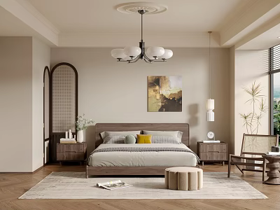 Cozy Modern Bedroom Interior With Wooden Bed Chandelier Area Rug And Artwork 3d model