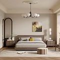 Cozy Modern Bedroom Interior With Wooden Bed Chandelier Area Rug And Artwork