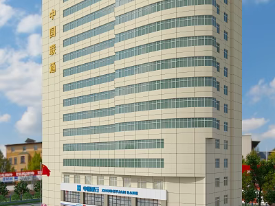 China State Construction Tall Modern Office Building With Glass Curtain Walls Flags And Street View 3d model