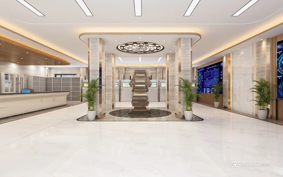 Spacious Service Hall Interior With Marble Floor Reception Desk Digital Screen And Green Plants 3d model 