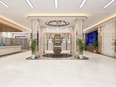 Spacious Service Hall Interior With Marble Floor Reception Desk Digital Screen And Green Plants 3d model
