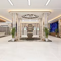 Spacious Service Hall Interior With Marble Floor Reception Desk Digital Screen And Green Plants