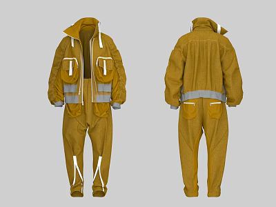 Yellow Coverall Workwear With Multiple Pockets Reflective Strips Zipper And Drawstrings 3d model