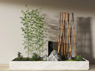 Zen Garden Ornament With Bamboo Plants Structure Rocks Moss Pagoda And White Marble Base 3d model