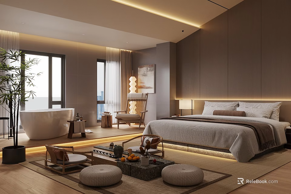Elegant Hotel Guest Room Interior With Large Bed Freestanding Bathtub And Warm Lighting 3d model 