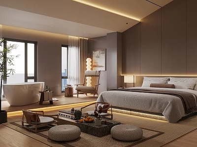 Elegant Hotel Guest Room Interior With Large Bed Freestanding Bathtub And Warm Lighting 3d model