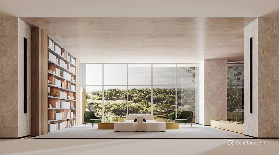 Modern Casual Lounge Area With Wooden Bookshelf Large Windows And Scenic View 3d model 