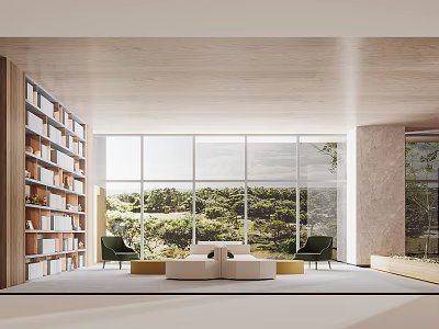 Modern Casual Lounge Area With Wooden Bookshelf Large Windows And Scenic View 3d model