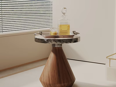 Elegant Modern Side Table With Marble Top Wooden Base Tray Decanter And Glass 3d model