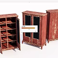 Three Vintage Wooden Wardrobes With Glass Doors Distressed Finish And Interior Shelves