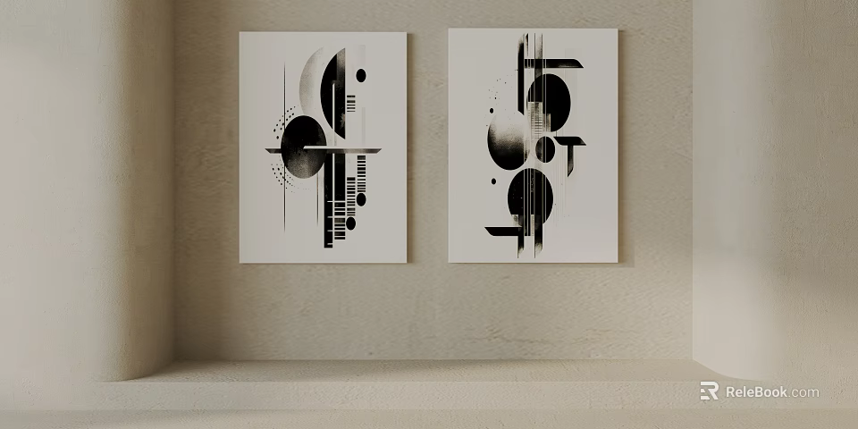 Two Black And White Abstract Wall Paintings With Geometric Patterns For Modern Interior 3d model