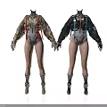 Two Futuristic Characters Wearing Mechanical Outfits With Red Blue Straps Shoulder Armor And Boots