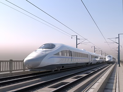 Modern White High - Speed Train Moving On Railway Track With Electric Poles And Power Lines 3d model