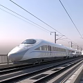 Modern White High - Speed Train Moving On Railway Track With Electric Poles And Power Lines