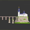 Cartoon Scene With Blue Domes Building Golden Spires Green Accents On Cliff And Pink Bridge